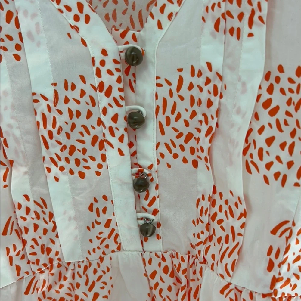 Anthropologie Orange and White Puff Sleeve Blouse with Ruffled Details
